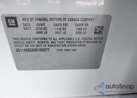 2017 Chevrolet Impala Premier из США, поврежденный, VIN 2G1145S32H9182677